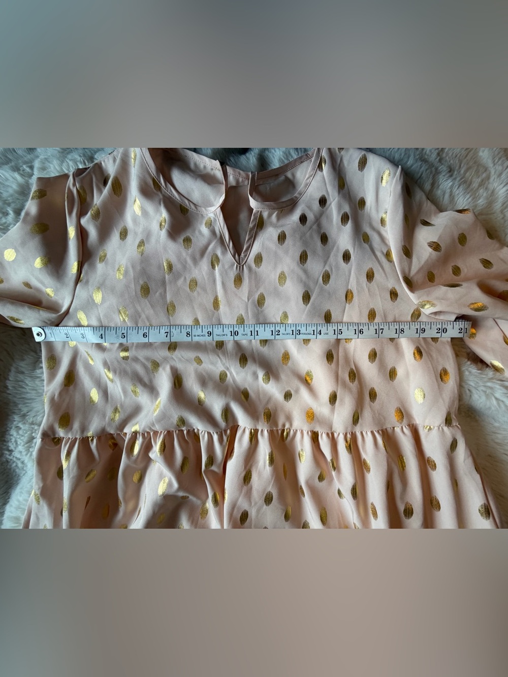 Blush Pink Gold Foil Polka Dot Tiered Maxi Dress Long Sleeve Size L - Picture 6 of 8